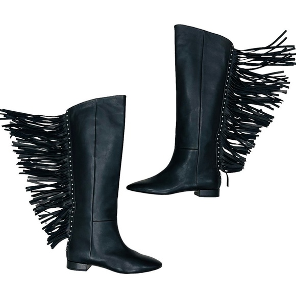 Saint Laurent Dana Black Leather Fringe Studded Knee High Boots Size 35 $1890 - Picture 1 of 15